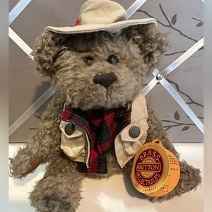 Brass Button Bear Tanner Stuffed Teddy Jointed Khaki Vest Plaid 9” Tags.